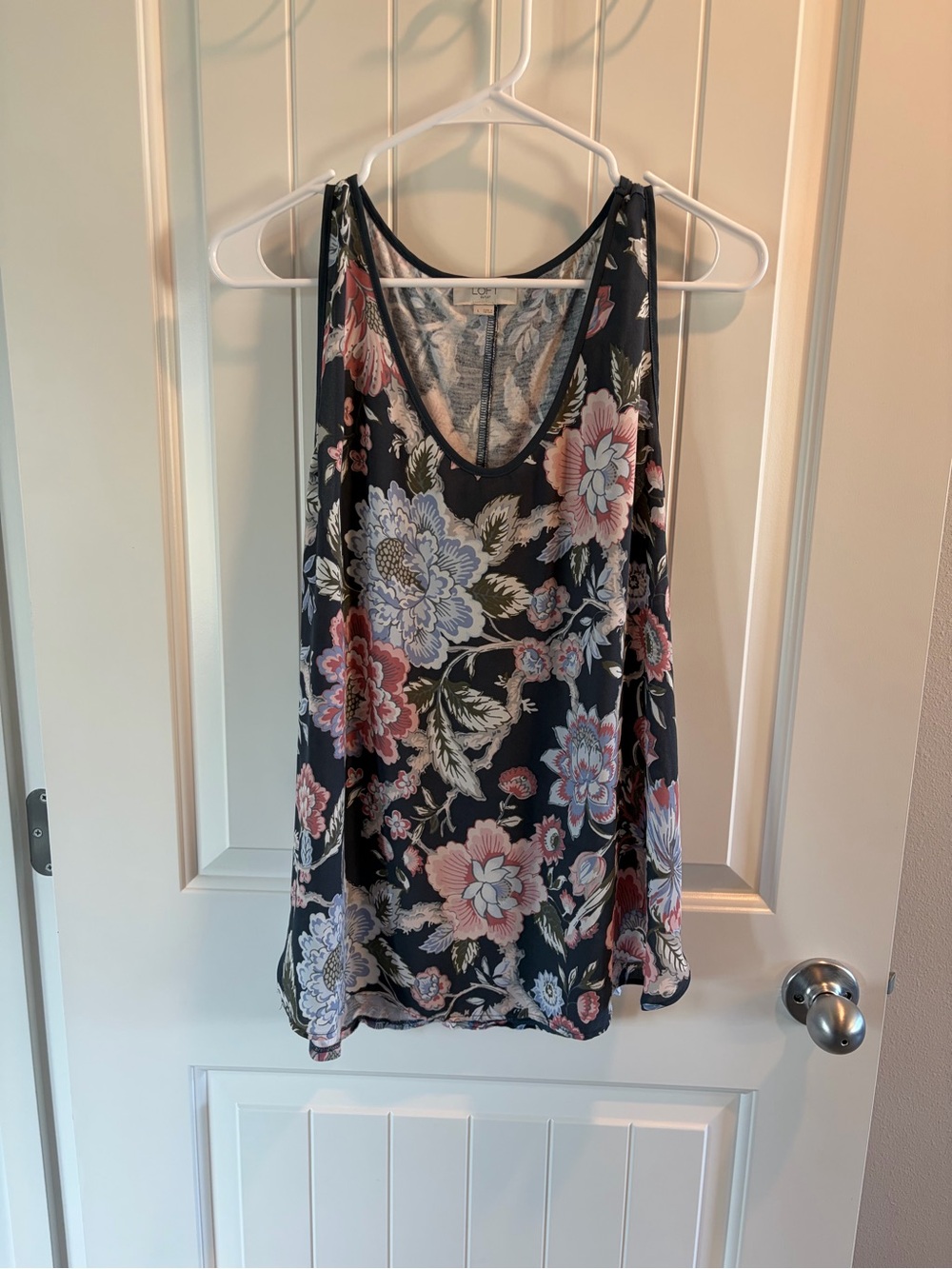 LOFT Black Floral Scoop Neck Camisole with Pink & Blue Blooms